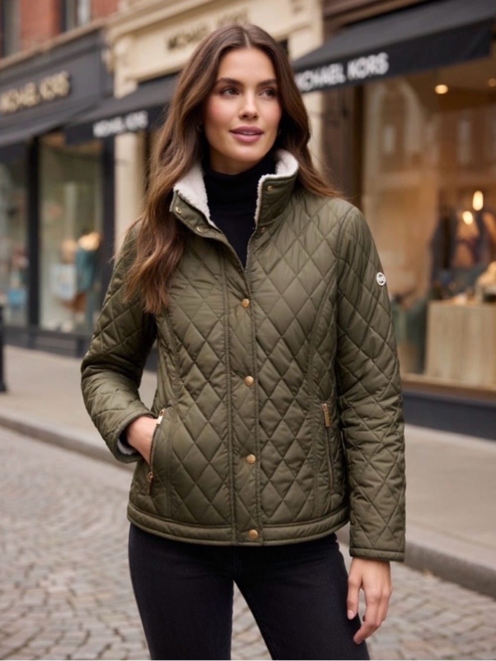 Michael Kors Olive Green Quilted Puffer Jacket with Shearing Collar